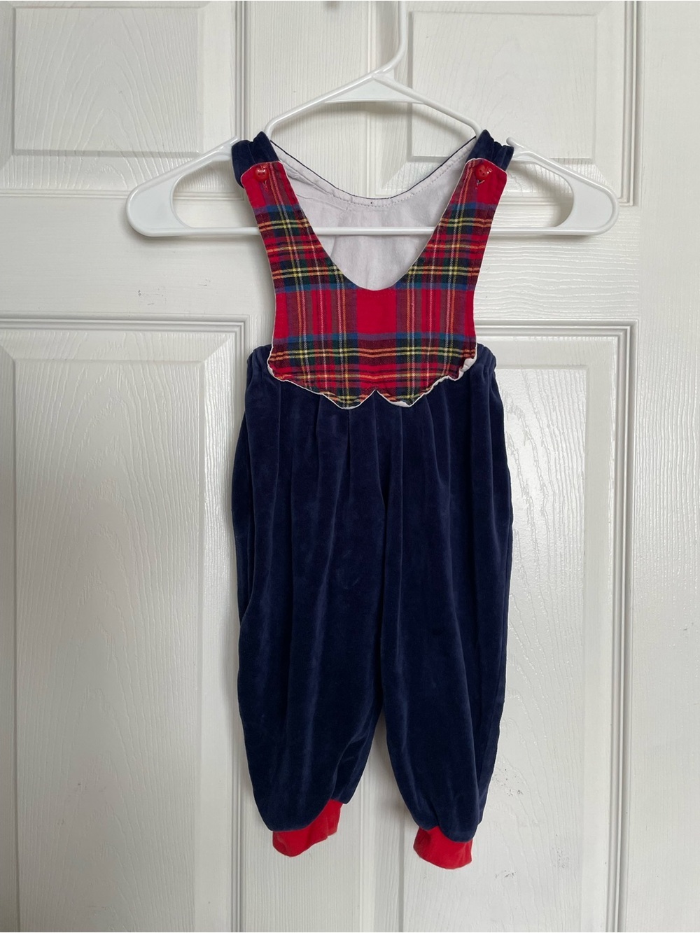 Vintage Baby 9-12 Months Navy Velvet Romper with Red Tartan Top